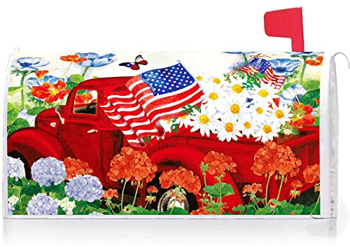 Texupday Patriotic American Red Truck Daisy Floral Memorial Day Mailbox Cover with Magnetic Strip July 4th Mailbox Wraps Post Letter Box Cover Standard Size 21 X 18 for Garden Outdoor Yard Decor