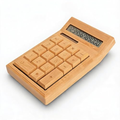 Solar Taschenrechner aus Bambus, Doppelstrom 12 stelliger Desktop Rechner mit großen Tasten und klarem Display für Büro Schule Naturholz 18 Tasten 17 cm