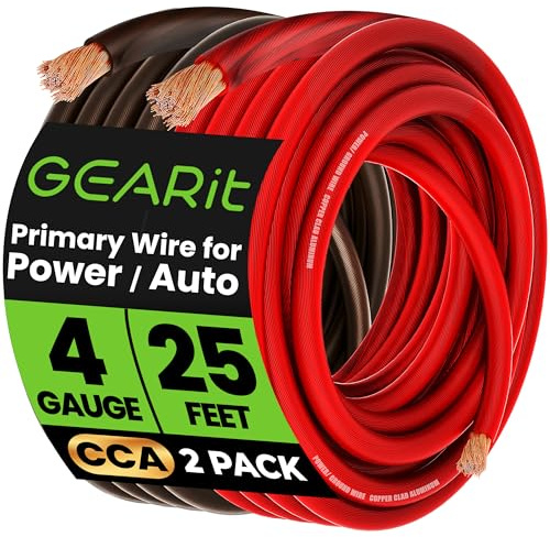 GEARit 4 Gauge Wire, CCA Electrical Wire Extension Cord for Automotive Power/Ground, Battery Cable, Car Audio, RV, Amp Wiring Kit, (25 feet Each- Black/Red Translucent)