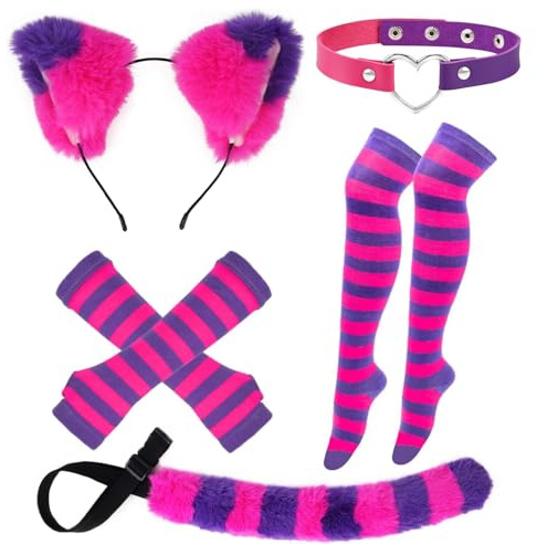 Kavoc Costume de chat rayé pour filles et femmes, oreilles de chat, queue en fourrure, chaussettes rayées pour Halloween, cosplay