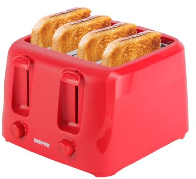 GEEPAS 4-Slice Toaster 6 Browning Levels For Thin Small Bread 1400W Red | 6 Browning Control, Removable Crumb Tray, Cancel Function, Cord Storage