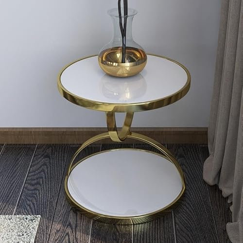 Table d'appoint，Tables basses Table d'angle Double en verre trempé de luxe léger, Table ronde d'appoint de canapé de salon, Table basse de balcon postmoderne pour salon, chambre ( Color : White 45x50C