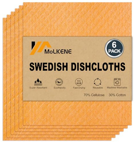 MoLKENE Swedish Dishcloths for Kitchen | 6 Pack Absorbent Cellulose Sponge Cloths Washable | Non-Scratch Reusable Paper Towels Quick Drying Cleaning Cloths - Orange