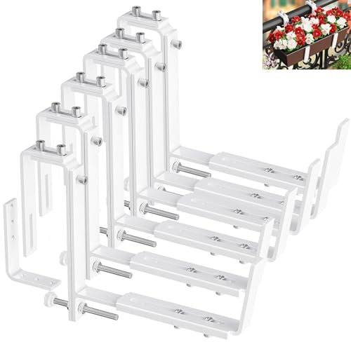 Y&M Verstellbare Blumenkasten-Halterungen für Pflanzkasten, robuste Wandhaken, Aufhänger für Blumenkörbe, Halter, weißer Stahl, langlebig, geeignet für Zaun, Pergola, Terrasse, Garten, Balkon, 6 Stück