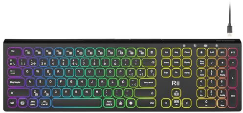 Rii RK801 Teclado Inalámbrico, 2 Modos de Conectividad, Retroiluminación RGB, Teclado con Mecanismo de Tijera, Layout Español