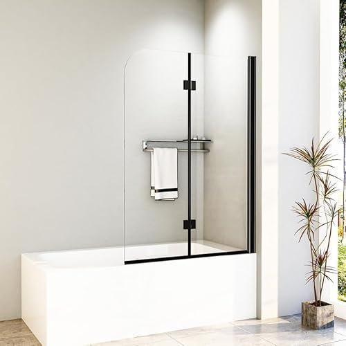 Duschwand Duschabtrennung 120x140cm Dusche für Badewanne, 2-Teilig Faltbar Duschtrennwand, Badewannenaufsatz aus 6mm NANO Sicherheitsglas Dusche Faltwand Schwarz