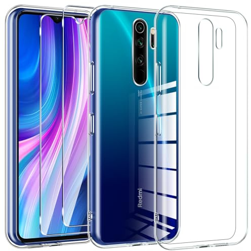 Kokio Crystal Clear - Funda para Xiaomi Redmi Note 8 Pro con 2 protectores de cristal, ultrafina, suave, transparente, de silicona TPU, antiamarilleo, resistente a los arañazos