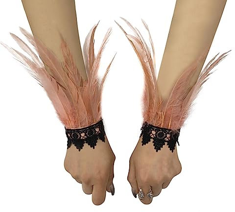 Asudaro Damen Kostüme Manschetten, Frauen Feder Handgelenk Manschetten Gothic Feder Manschette Spitze Fingerlose Vintage Feder Lange Handschuhe Armbänder Karneval Kostüm Accessoire Typ 14