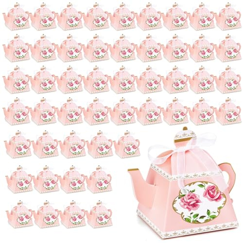 Eorbow 50 Pack Teapot Candy Boxes, Vintage Floral Teapot Box, Mini Teapot Favor Boxes with Ribbon, Pink Tea Party Favor Boxes Set for Tea Garden Wedding Bridal Birthday Baby Shower Party Decoration