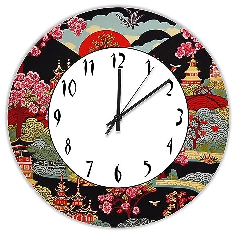 LUIJORGY Home Decor Wood Wall Clock,Chinoiserie Charcoal Coral Pagoda Asian Pavilion Retro Silent Non-Ticking Battery Operated Rustic Wooden Clock 15 Inch Wall Art for Living Room Bedroom Cafe Pub