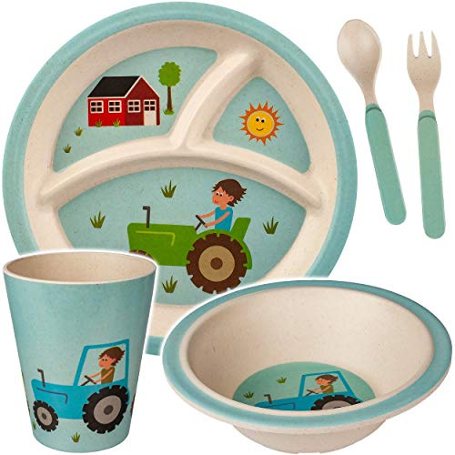 alles-meine.de GmbH Geschirr Artikelwahl 5 TLG. Geschirrset - Traktor & Auto - Trinktasse + Teller + Müslischale + Besteck - Kindergeschirr - Frühstücksset für Kinder - Junge..