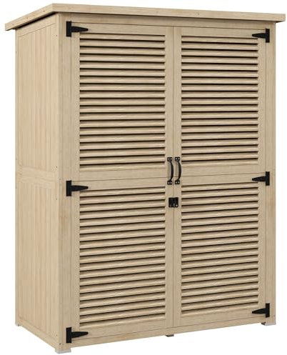 Outsunny Armadio da Giardino Portaoggetti a 2 Ripiani con Picchetti, Casette da Giardino in Legno di Abete con Tetto in Asfalto Impermeabile, 127x65x159.5/168 cm, Color Legno