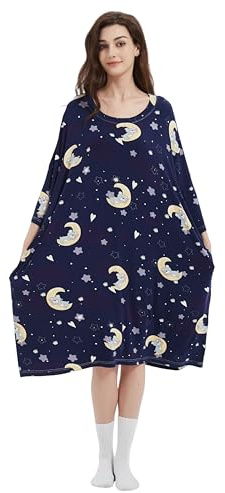 VERTAST Women Oversize Cooling Nightdress Sleep Tee Plus Size Nightshirt Long Nightie Dress, Ultimate Comfort for All-Night Relaxation, Casual Roomy Sleepwear With Two Pockets, Bear/Deep Blue