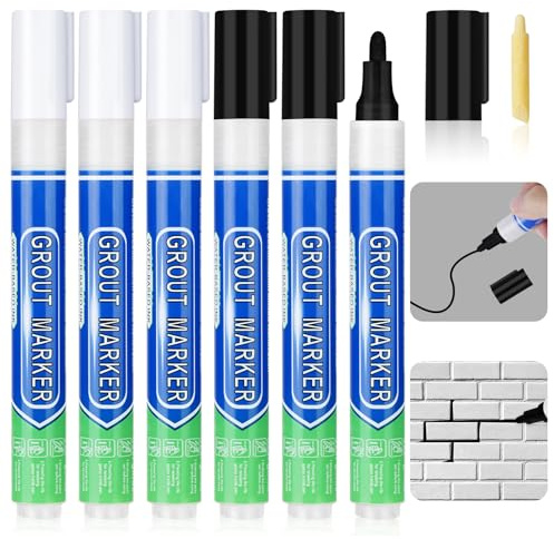 Flintronic 6PCS White & Black Grout Pen - Tile Paint Marker and Wall Repair for Bathroom Kitchen Floor and Wall Lines - Reviver and Sealer