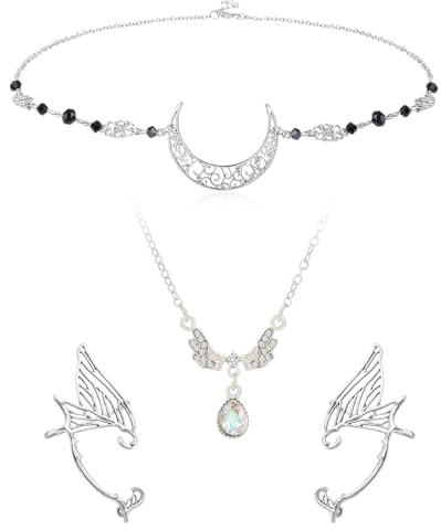 HIFOT 3Pcs Boho Mond Kopfkette Schmuck Damen Mädchen, Elfen Kopfschmuck Flügel Kristall Halskette Silber Ohren Haarschmuck Festival Accessoires Halloween Karneval Cosplay Fee Kostüm