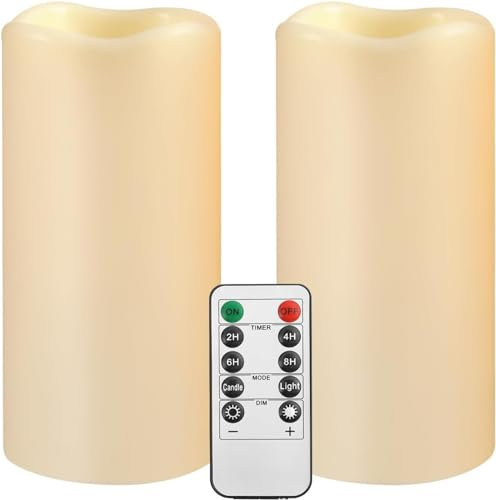 PILLOBOX Lot de 2 bougies étanches sans flamme avec télécommande et minuterie - En plastique - Bougies LED vacillantes - Diamètre : 7,5 x 14 cm - Pour fête en plein air, décoration de la maison,
