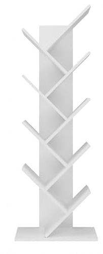 CDF Modernes Baumregal Bücherregal mit 8 Ablagen, Geometrisches Standregal für Wohnzimmer & Büro, Baum-Optik Regal für Bücher Akten Spielzeug, 50 x 25 x 142 cm - Weiß
