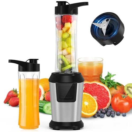 Blender Smoothie, 500W Blender Smoothie, Mini Mixeur Blender avec 2 Bouteilles Tritan Portables de 600 ml Sans BPA, 4 Lames en Inox pour Smoothie Milk-shake Fruits bébé Jus ou légume