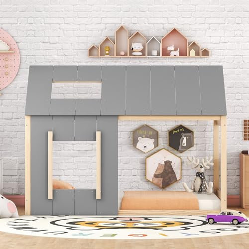 Idemon 90 x 200 Kinderbett, Kinderbett in Hausform, Einzelhaus-Flachbett mit Dach und Fenster, Natur + Grau