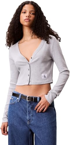 Calvin Klein Gilet Femme Woven Label Rib avec Patte de Boutonnage, Gris (Bc06 Grey Heather), S