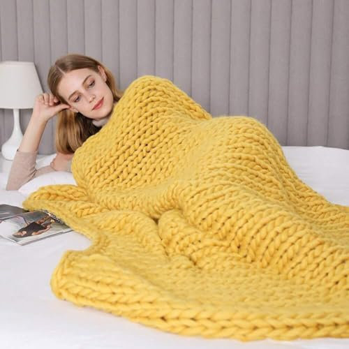 Strickdecke Grobstrick Überwurf Grobstrickdecke Strickdecke Grau Überwürfe Für Sofa Große Gestrickte Bettüberwurf Decken Für Betten (Gelb, 100 x 100)