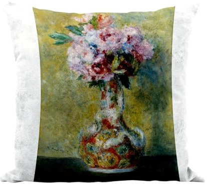 Fabulous Kissen aus Kunstleder, weiß, Renoir Bouquet Vase, Impressionismus, Ölgemälde, 40 x 40 cm, Leder-Haptik, Bezug und Kissen enthalten