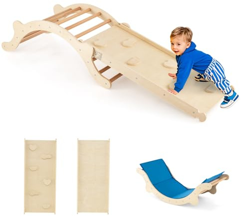 GOPLUS 4 en 1 Arche d’Escalade Montessori Enfant Bois avec Toboggan Ajustable en Bois, Bascule Enfant avec Coussin Charge 60KG pour Bébé 1 an+ (Naturel Plus)