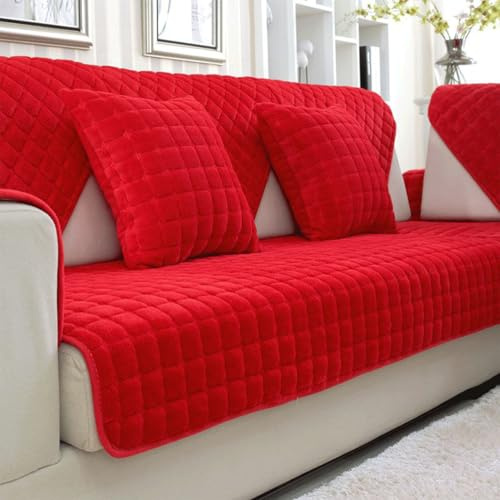 Generisch Samt Sofabezug 1 2 3 4 Sitzer, Hund Katze Sofaschoner Antirutsch Couch überzug L Form, Weiche Sofa überzug Ecksofa Sofa-Schutzhülle Mit Rutschfester Unterlage,Rot,90x160cm