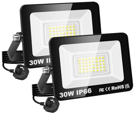 RIGIDON Led Outdoor Floodlight, 2X 30W 3000LM Flood Lights with Plug, Mains Powered Security Lighting, Outside for Garage Garden Yard Patio, Waterproof Workshop Job Site Work Lamp, 6000K Cold White