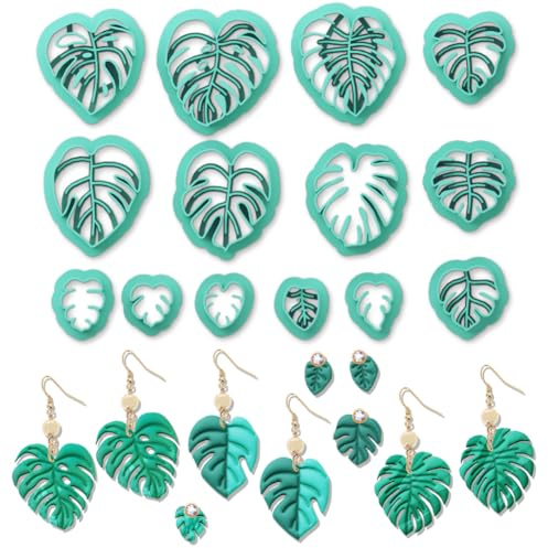 ORIGACH 14 Stück Monstera Blätter Polymer Clay Ausstecher Ohrringe | Polymer Clay Cutters Mit Aufbewahrungsbox Geometrische Modelliermasse-Ausstecher für Schmuckherstellung DIY Ohrringe