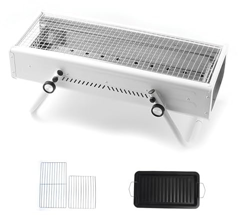 PQPQLI Barbecue Carbonella Piccolo da Balcone Barbecue A Carbonella Portatile Compatto, Pieghevole con Griglia in Acciaio Inox E Teglia da Forno per 4-7 Persone 58x23*24cm(White)