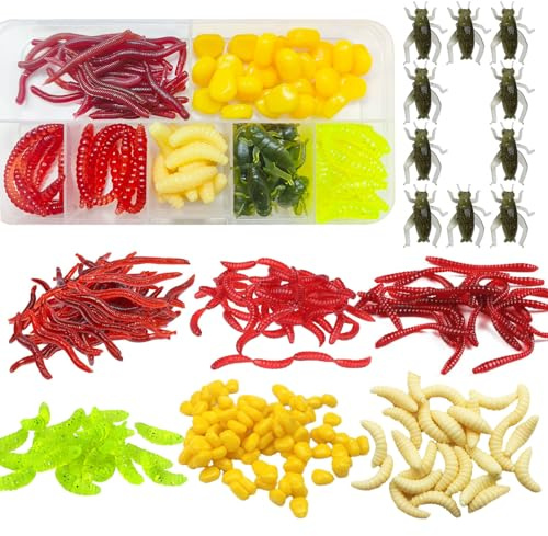 285 Señuelos Pesca de Imitación Suave, con Estuche de Almacenamiento, Realista y Natural Pesca Accesorios, con Gusanos de Pan, Lombrices de Tierra y Grillos, para la Pesca de Agua Dulce Agua Salada