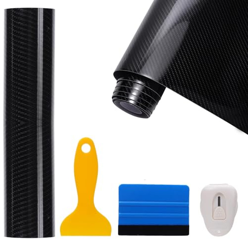 ‌Fjquamitix Carbon Fiber Vinyl Wrap Roll 6D High Gloss Self-Adhesive Bubble-Free Waterproof Film with Installation Tools Kit for Car Interior (300cm*30cm(2 scrapers, 1 knife))