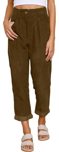 Yutdeng Pantaloni da Donna Eleganti Pantaloni Larghi a Gamba Dritta Pantalonis in Velluto a Coste in Tinta Unita Pantalonis Elastica Vita Alta Pantalone Casual con Tasche,Marrone Scuro,L