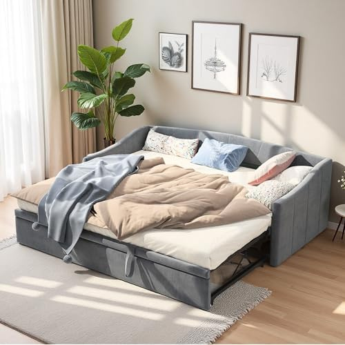 HYNHXBP Bäddsoffa konvertibel 90/180 x 200 cm, multifunktionell 2-sits soffa med ribbotten, sammet stretch för vardagsrum eller sovrum (grå)