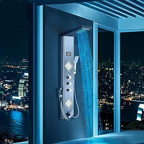 Pannello Doccia LED Nero Grigio, Colonna, soffione Doccia a Cascata, Schermo Digitale, Temperatura, 3 Maniglie, Miscelatore, Bidet, Doccia Interessante