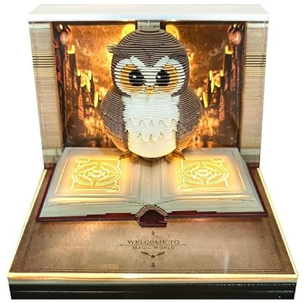 3D Kalender 2026, 3D Notizblock Schreibtischkalender mit Lichtern 2026 Abreißbaren Kalender mit Anzeigebox Glasklar 2026 Tischkalender Notizblock Papierskulptur Desktop Ornament (Eule)