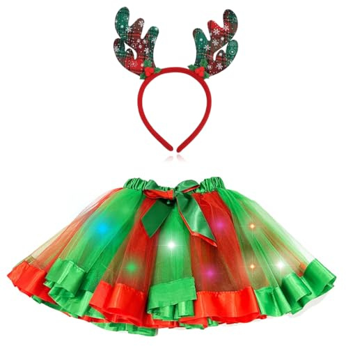 Deguisement Renne Enfant 2 Pièces Serre Tete Renne et Led Tutu Tenue de Noel Fille pour Fête de Noël, Cosplay Party, Carnaval, Fête à Thème