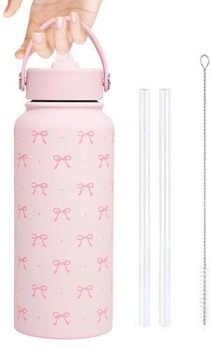 RNPKZ Insulated Water Bottle with Bow Design, 32oz Pink Bow Water Bottle, Stainless Steel Insulated Water Bottle with Straw, Portable Cute Waters Bottles for Women Girls Teens Birthday Christmas