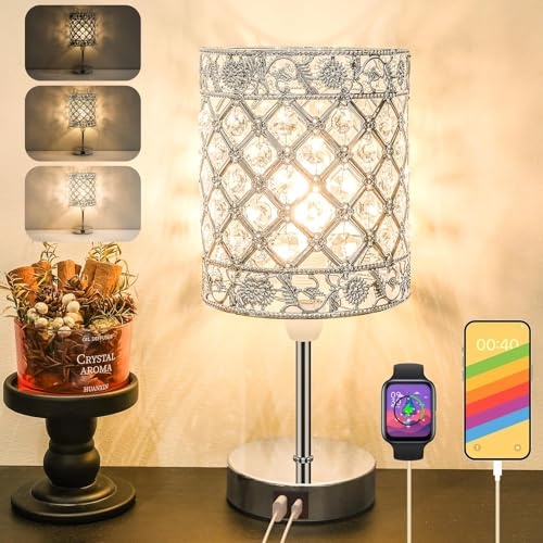 Aomeya Touch Control Crystal Table Lamp with USB-C＆USB-A Charging Ports,3-Way Dimmable Bedside Lamps for Bedroom Living Room E14 Base Bulb Included
