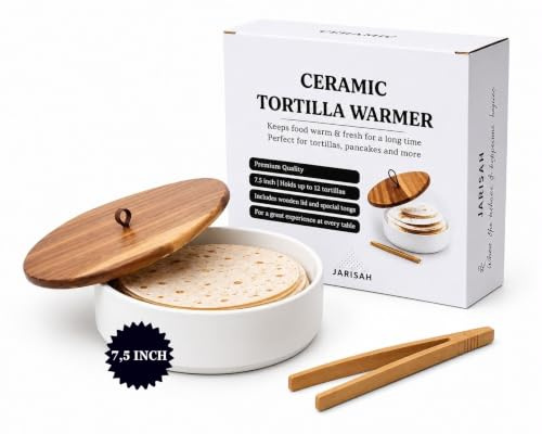 Ceramic Tortilla Warmer with Wooden Lid – 7.5 Inch Tortillero Keeps Tortillas Warm Longer – Ideal for Taco Nights, Pancakes & Roti – For Families & Mexican Food Lovers – Roti Box Tortilla Holder