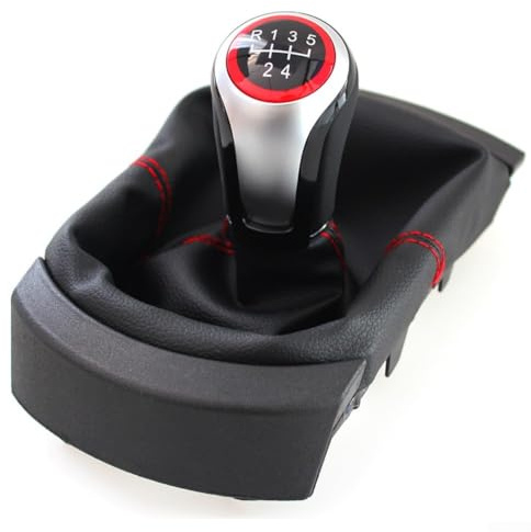 Pomo de palanca de cambios manual de 5 velocidades y soporte para Seat Ibiza 2002-2010, cuero negro con costuras rojas, conjunto de perilla de cambio para
