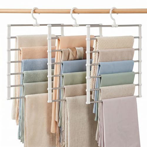 Hosenbügel Platzsparend 7 Stangen 6 Etagen – 3 Stück Faltbarer Edelstahl Kleiderbügel mit PVC Rutschschutz, Stabiler Organizer für Hosen, Jeans, Schals & Handtücher