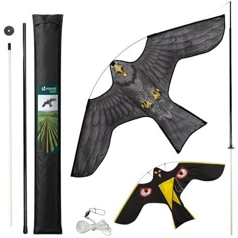 VOUNOT® Spaventapasseri Uccelli con Aquilone Falco Realistico, Dissuasore Uccelli da Esterno con Asta Telescopica 4 m e 2 Aquiloni Intercambiabili, per Giardino, Orto e Fattoria, Modello D&G