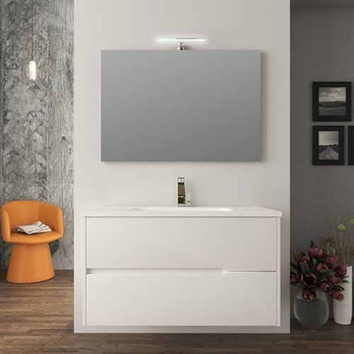 Yellowshop – Mobile Bagno Completo PETER 100 cm in MDF PVC con Lavabo in Ceramica, Specchio Filo Lucido 100×70 cm e Applique LED 30 cm – 2 Cassetti Soft-Close – Bianco Opaco
