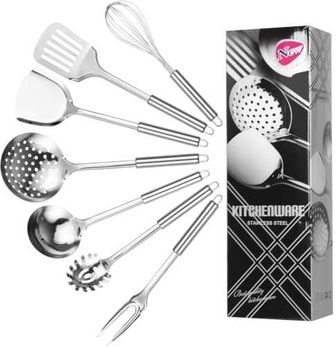 Qixeva 7 Pezzi Set Utensili Cucina Acciaio Inox, Appendere Utensili da Cucina con Spatola, Paletta Forata, Mestolo, Schiumarola, Frusta, Cucchiaio Pasta, Forchetta per Carne, Lavabile in Lavastoviglie