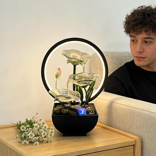 AOZITA Tabletop Water Fountain,3-Tier Transparent Glass Lotus Leaf Zen Fountain,Indoor Water Feature with Lotus Bud & LED Ring Light & Bead for Home Office Decor,Relaxing Water Sound,Feng Shui Decor