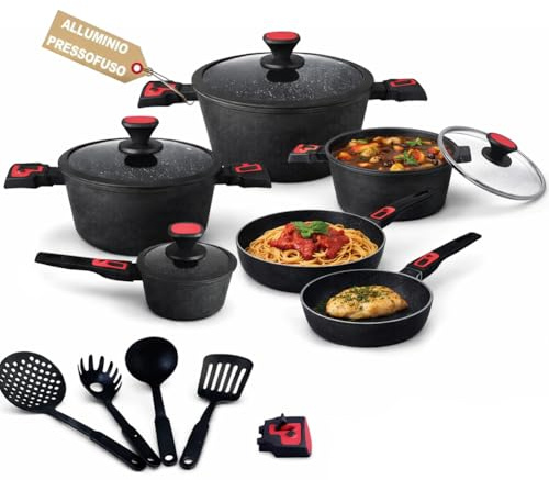 BAKAJI Batteria di Pentole 24 Pezzi Modello Rubino con Manici Removibili in Alluminio Pressofuso Antiaderente, Casseruola e Padella con Manico Amovibile, Coperchi e Mestoli Accessori (Nero)