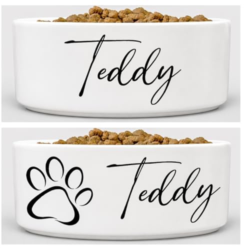 Personalised Ceramic Dog or Cat Bowl, Glossy White Pet Food & Water Bowl with Custom Name or Name & Paw Print, Available in 2 Sizes