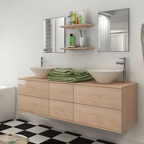HengCaDa 9-Piece Bathroom Furniture Set Beige with Washbasin, Basin, Tap, Mirror, Shelf, Drawer, Storage Space, Wall Mounted for Bathroom, Guest Toilet, Space Saving and Complete